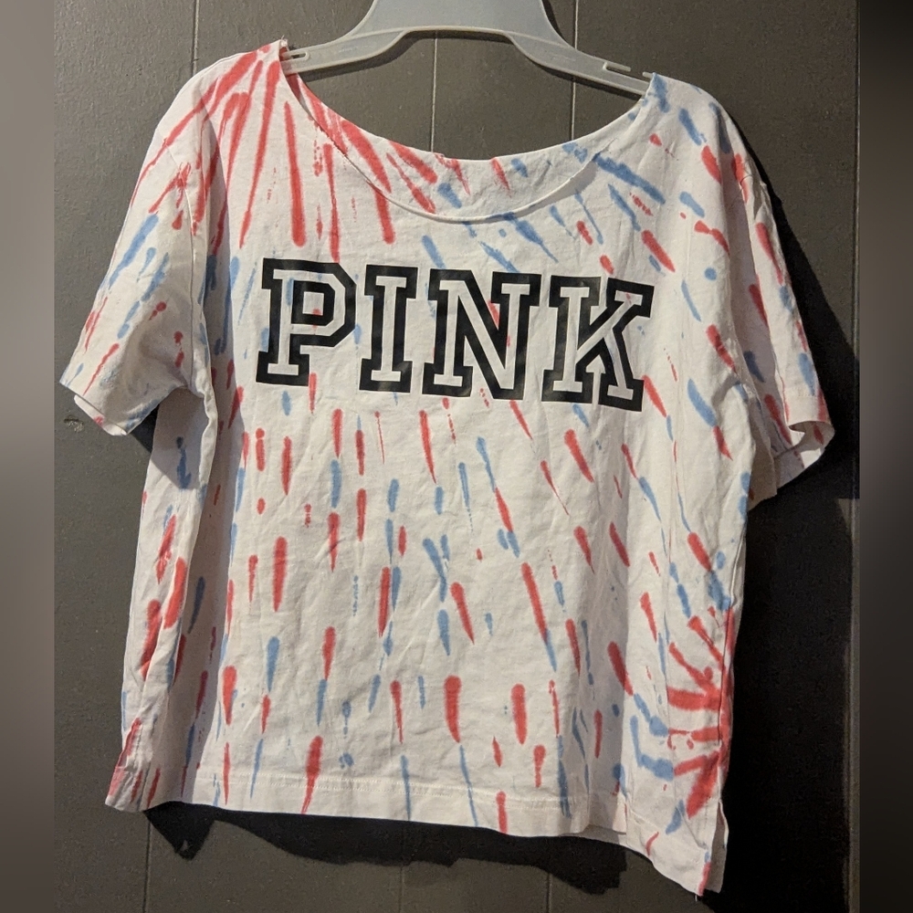 White shirt with red and blue Tie dye design